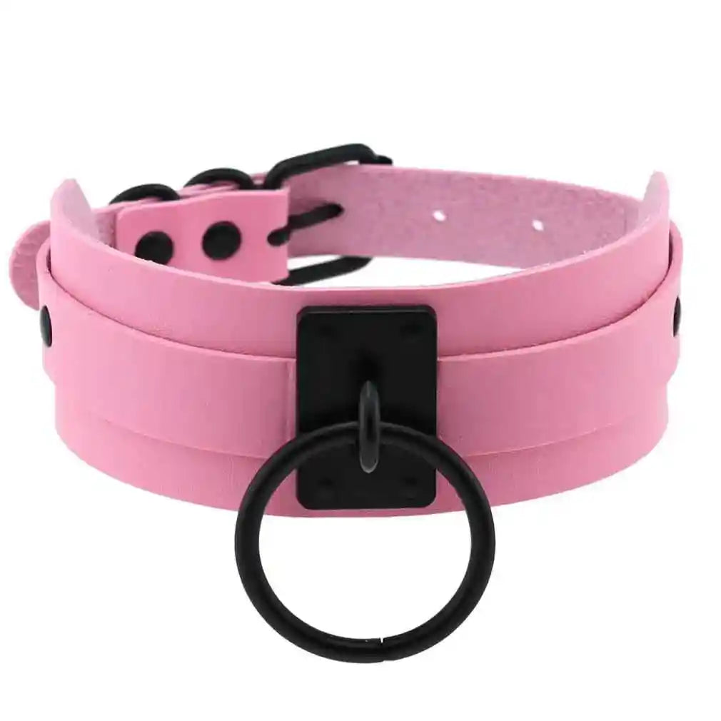 Punk Black O-Round Metal Leather Choker Collar - Pedlar's Attic