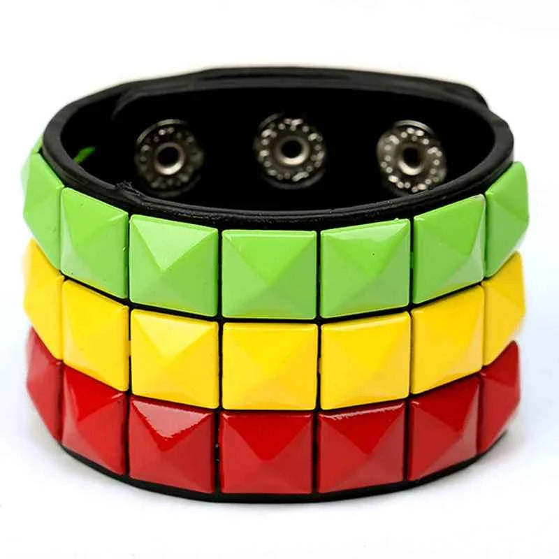 European and American New Punk Style Multi-Color Square Stud Leather Bracelet, Personalized Cycling Bar Accessory, Men's Wide Pu Leather Bracelet