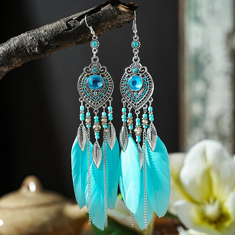 Blue Fashion Boho Temperament Water Drop Feather Earrings for Women Long Crystal Rhinestone Drop Oil Dangle Earring Jewelry