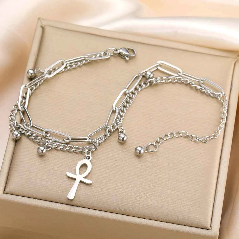Dawapara Ankh Cross Bracelet Religious Ancient Egyptian Key To Life Prayer Amulet Supernatural Stainless Steel Jewelry