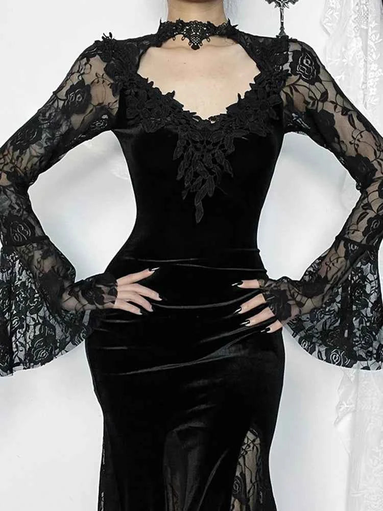 AltGoth Gothic Midi Dress - Elegant Lace Patchwork & Sheer Flare Sleeves, High-Waisted Clubwear for a Stunning Look - Pedlar's Attic