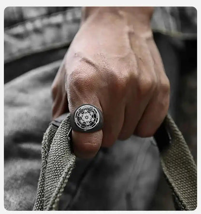 Vnox Seven Seals of Angels Rings for Men, Round Top Stamp Finger Band, Metatron Cube Stamp Ring, Chunky Punk Jewelry - Pedlar's Attic