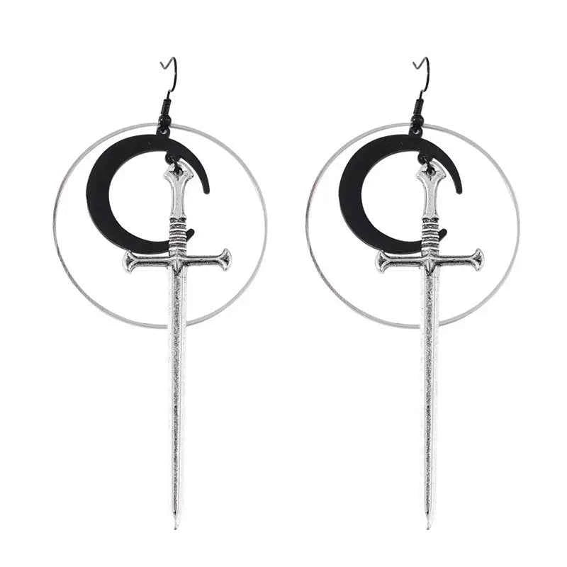 Cross-Border New Product, Fashionable Gothic Silver Hoop Black Moon Sword Earrings, Unique and Exaggerated Witch Warrior Alternative Jewelry