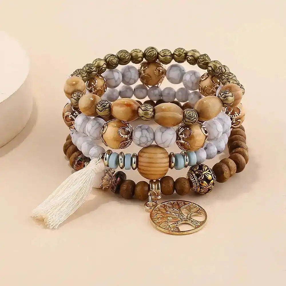 Boho Tree of Life Wooden Beaded Bracelet Set — 4 Piece