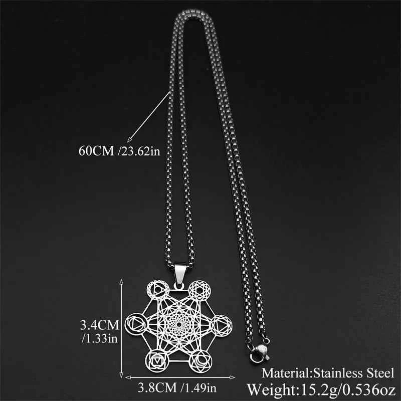 Yoga Hindu Buddhism 7 Chakra Stainless Steel Pendant Necklace Sacred Geometry Hollow Angel Seal Metatron Symbol Chain Jewelry