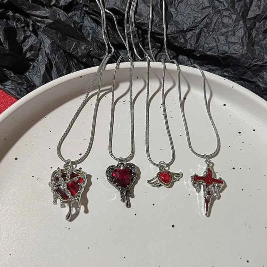 2026Vintage Goth 90s Silver Color Red Peach Heart Pendant Chain Necklace For Women Men Y2K Aesthetic Jewelry Accessories