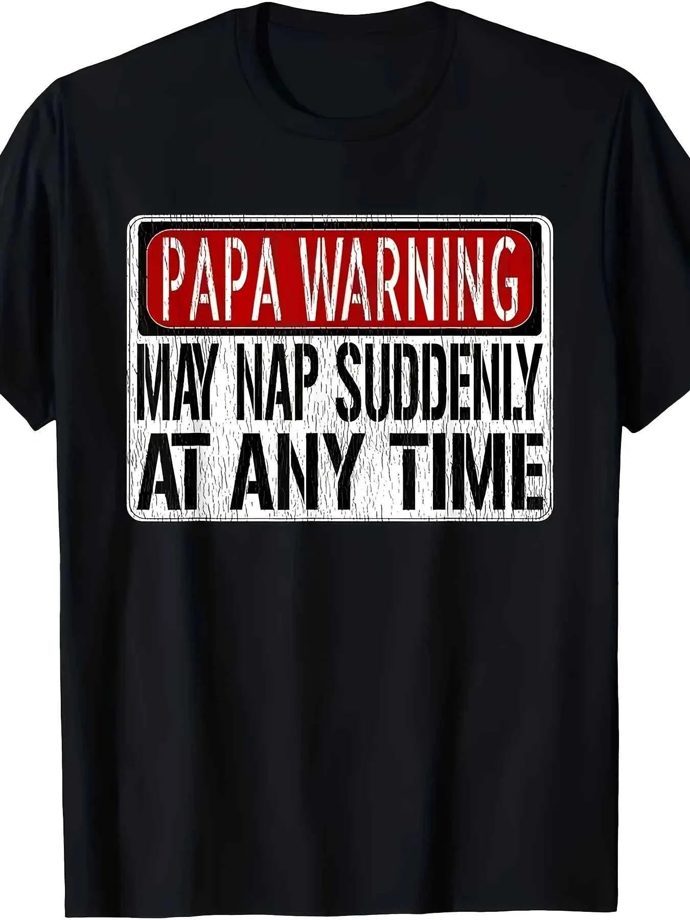 Men's Funny Dad Warning T-Shirt - Humorous Design with the Phrase, "Dad Might Take a Nap Suddenly, Short Sleeve Shirt, Casual Crew Neck Design, Regular Fit, Black with White and Red Text, Comfortable for All Seasons