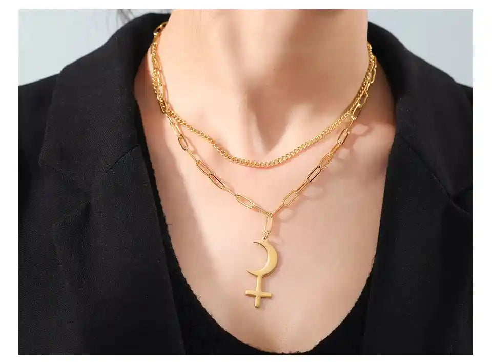 Vintage Black Moon Lilith Pendant Necklace Crescent Moon Cross Double Layer Necklace - Pedlar's Attic