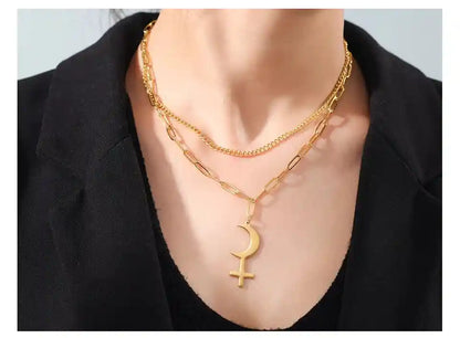Vintage Black Moon Lilith Pendant Necklace Crescent Moon Cross Double Layer Necklace - Pedlar's Attic