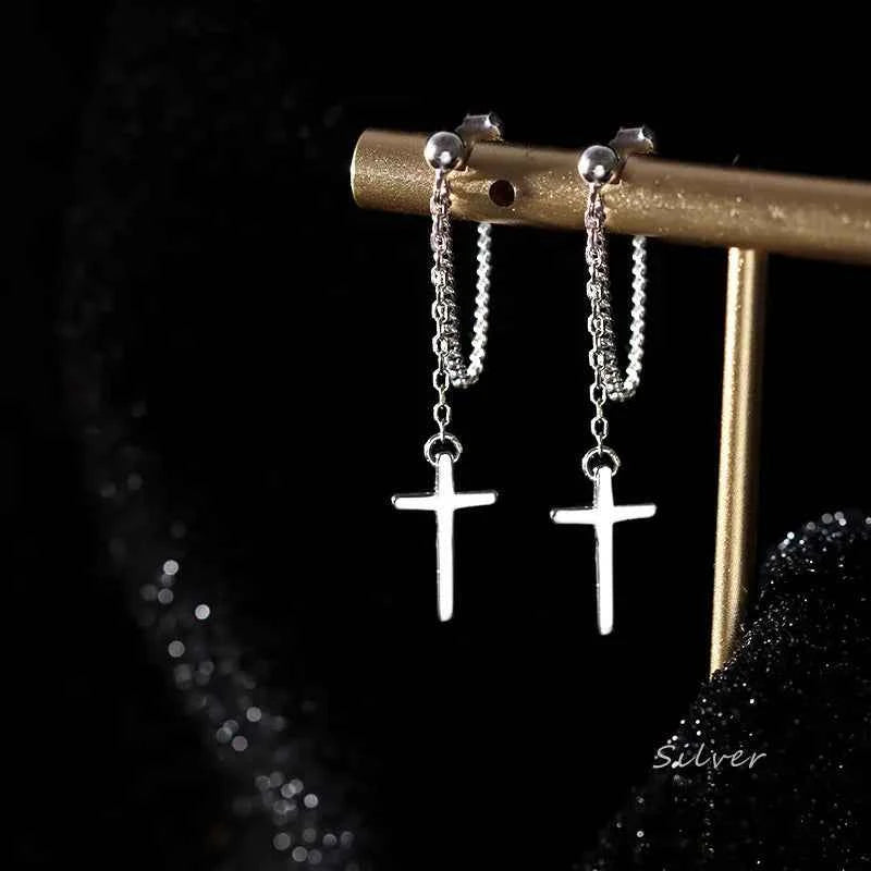 Punk Silver Gothic Cross Drop Earrings - Long Tassel Design for Bold Style | Unisex Jewelry Gift - Pedlar's Attic