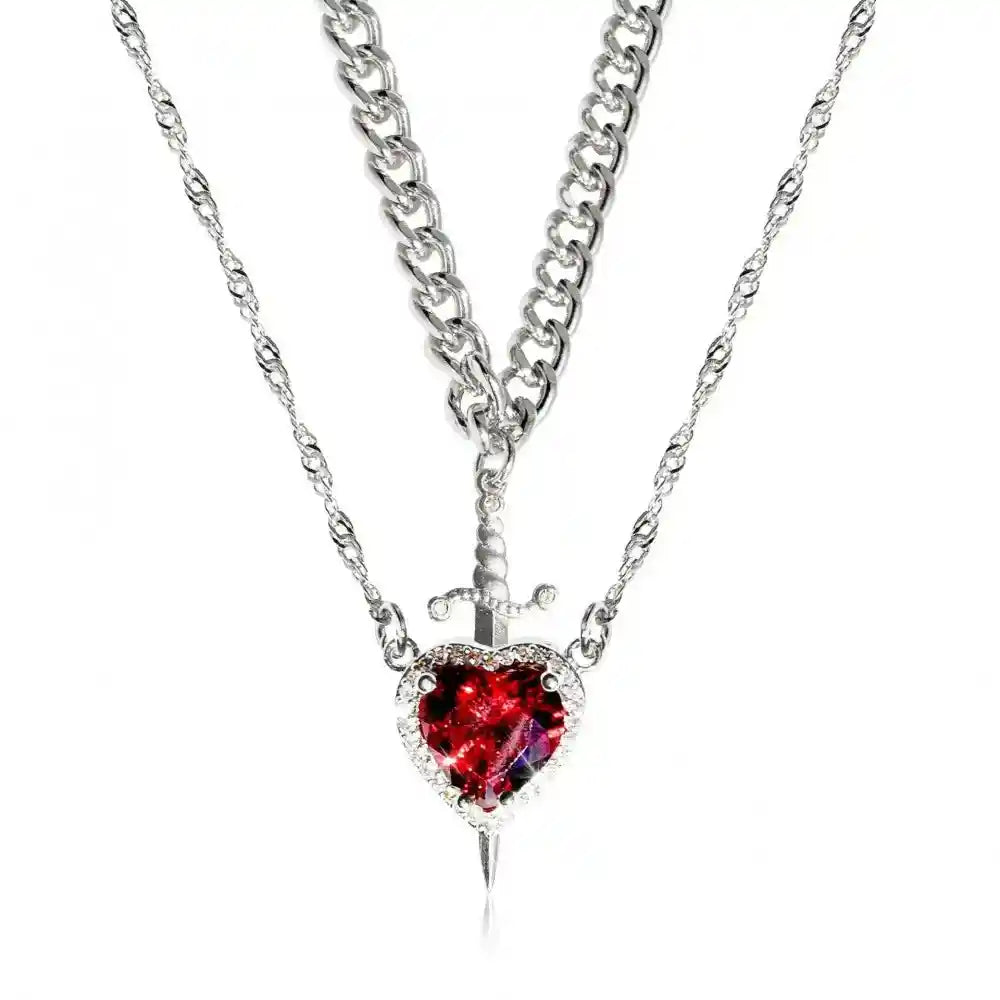Red Crystal Heart Dagger Pendant Layered Necklace - Pedlar's Attic