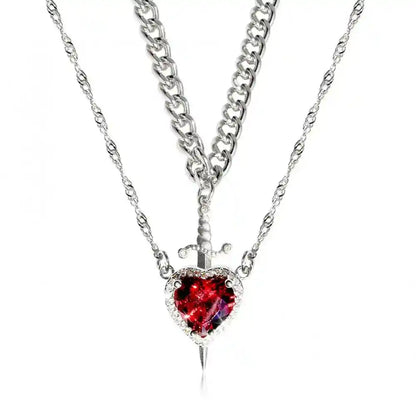 Red Crystal Heart Dagger Pendant Layered Necklace - Pedlar's Attic