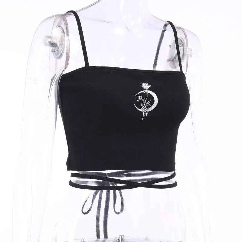 Gothic Women's Print Suspender Sleeveless Square Neck Slim Crop Top