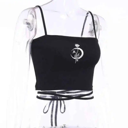 Gothic Women's Print Suspender Sleeveless Square Neck Slim Crop Top - Pedlar's Attic