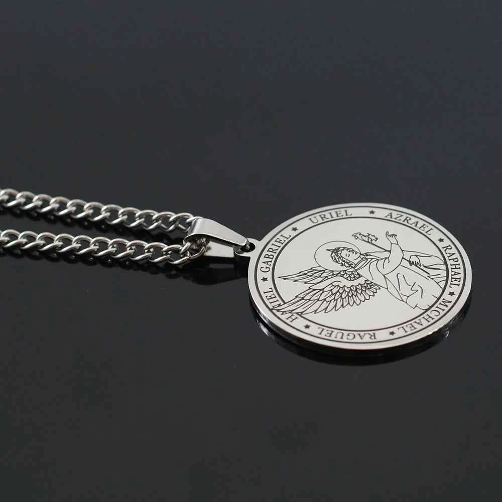 Religious Azrael Gabriel Raphael Uriel Michael Archangel Angel Wing Medal Stainless Steel Pendant Necklace Jewelry