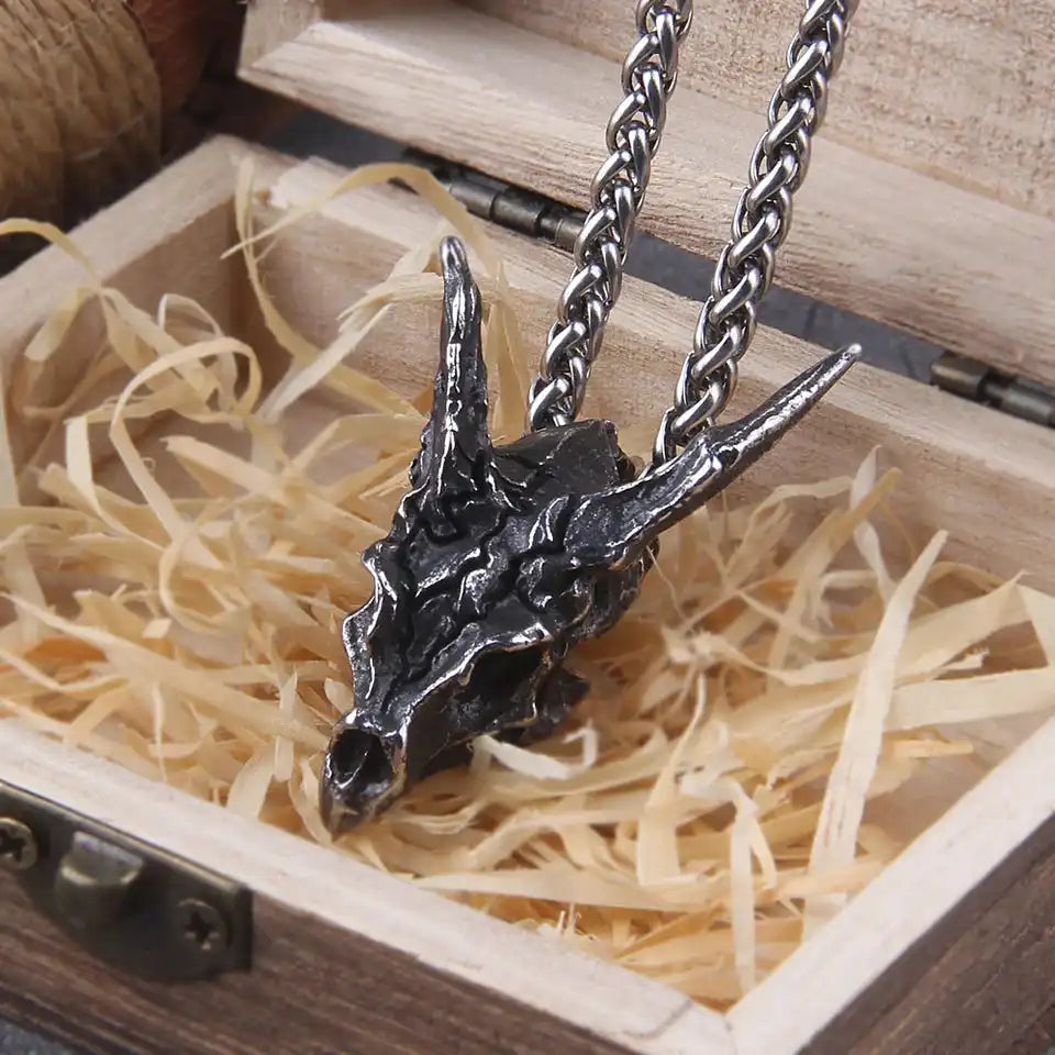 Bone & Fire — Viking Dragon Skull Pendant Necklace