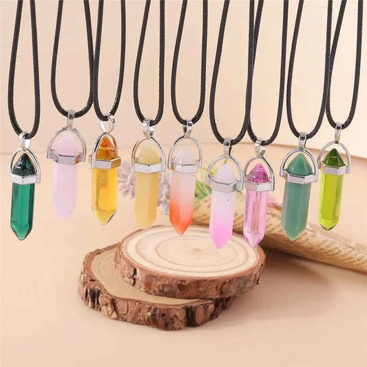 Natural Stone Quartz Lapis Opal Amethyst Pink Crystal Stone Hexagonal Column Pendant Necklaces