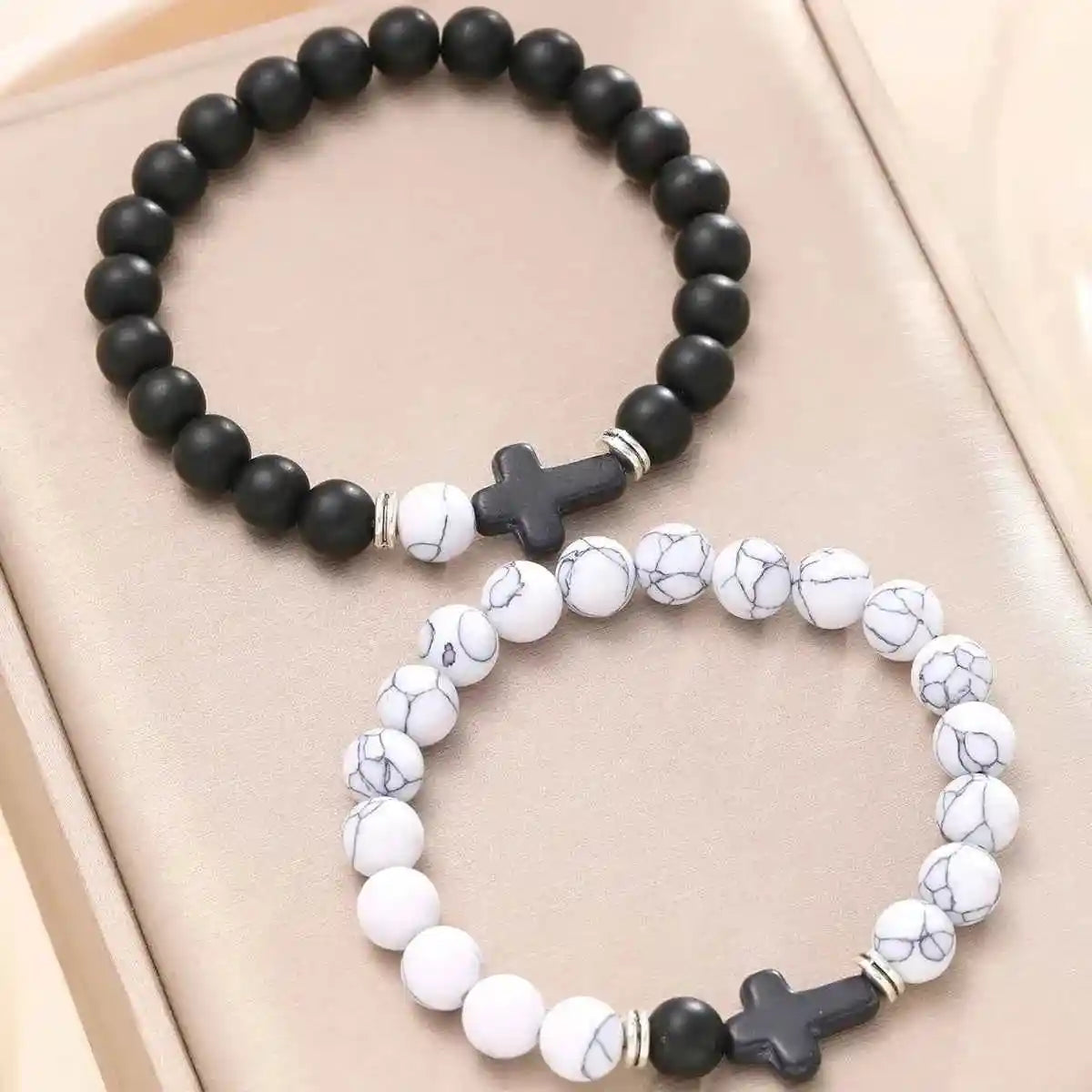 Black Cross, Black and White Bead Chain Bracelet Set Two-Piece - Pedlar's Attic