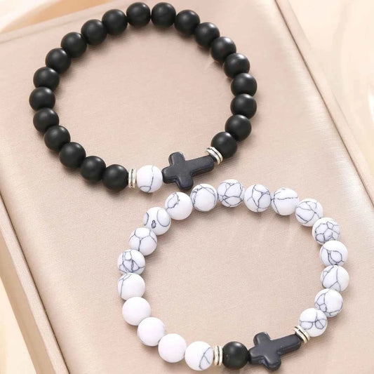 Cross-Border New Trendy Black Cross Black and White Bead Chain Bracelet Set Two-Piece Set Unique Niche Style Jewelry