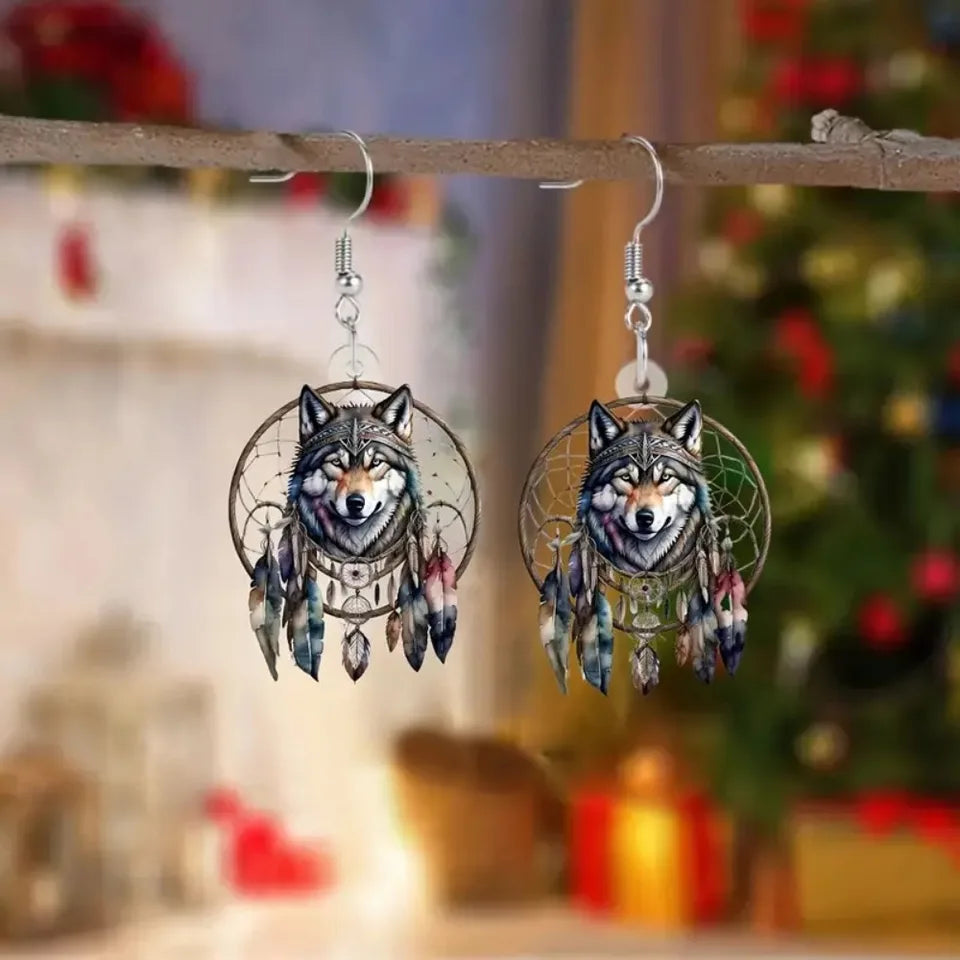 Hot selling dream catcher wolf head acrylic 2D Flat earrings creative design Trendy Animal Jewelry Fashion Printing Accessories