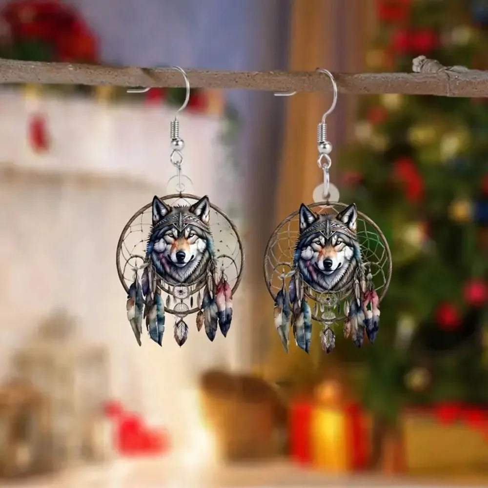 Hot selling dream catcher wolf head acrylic 2D Flat earrings creative design Trendy Animal Jewelry Fashion Printing Accessories