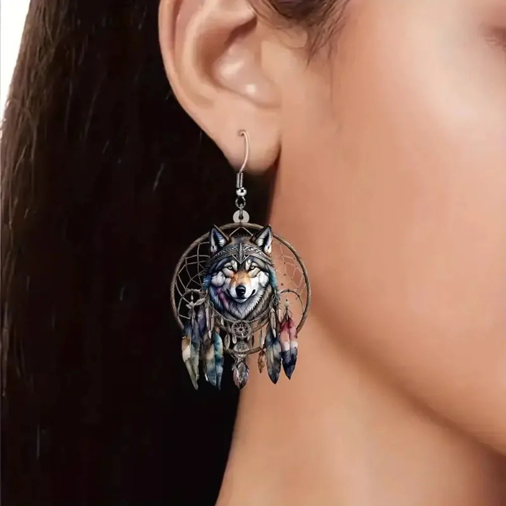 Hot selling dream catcher wolf head acrylic 2D Flat earrings creative design Trendy Animal Jewelry Fashion Printing Accessories