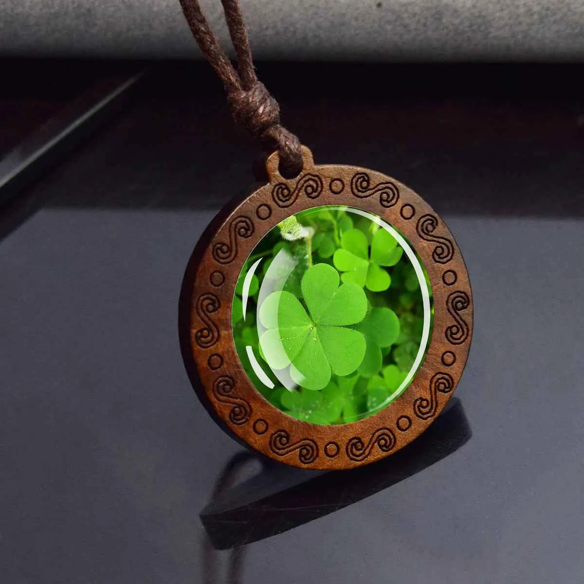 Four Leaf Clover Glass Dome Wooden Pendant Necklace