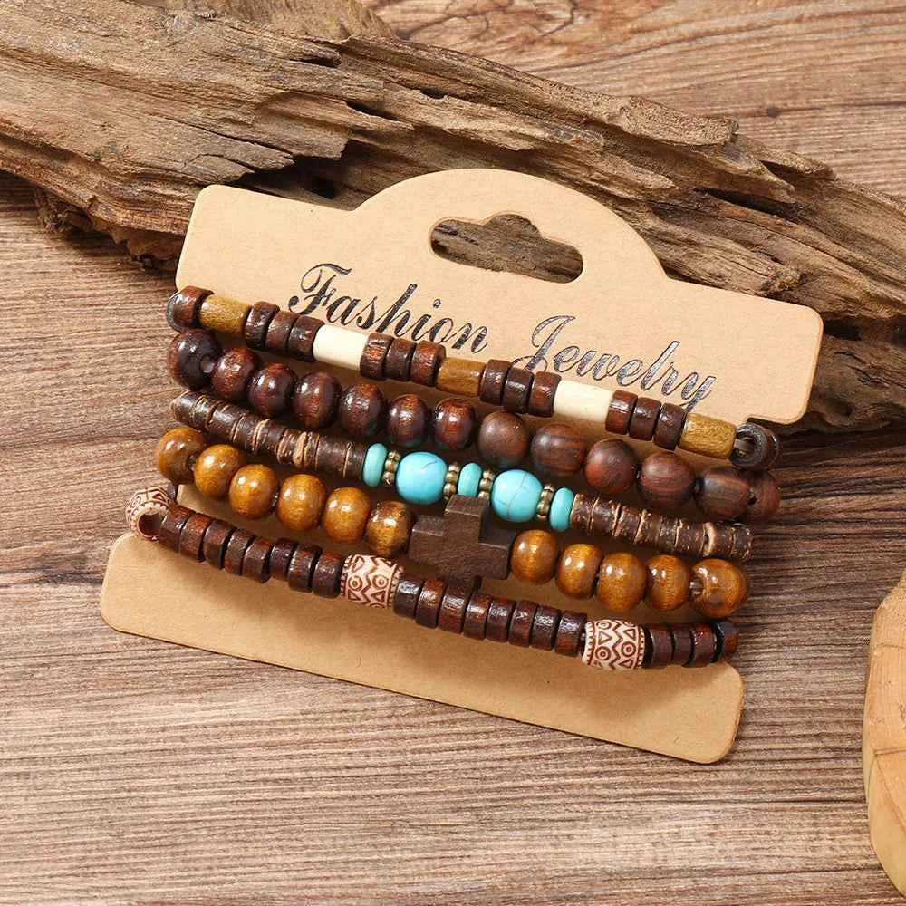 Ethnic 4-5pc/set wood bead tree Cactus Charms bracelets