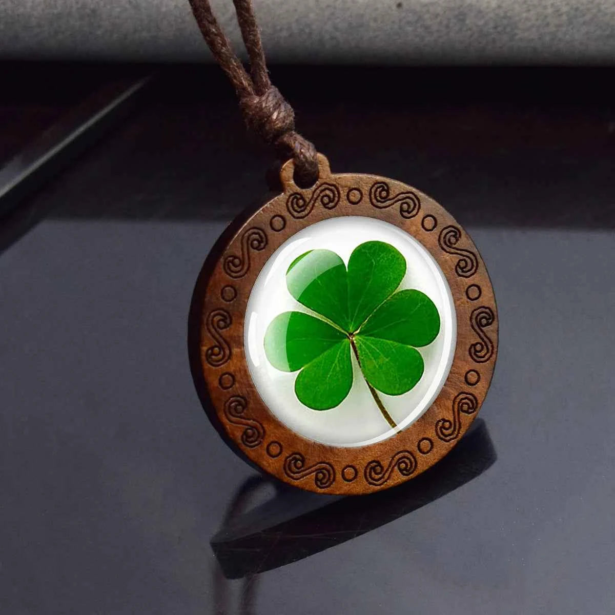 Four Leaf Clover Glass Dome Wooden Pendant Necklace