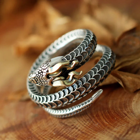 Dragonforged Serpent — 925 Sterling Silver Horned Snake Ring - Pedlar's Attic