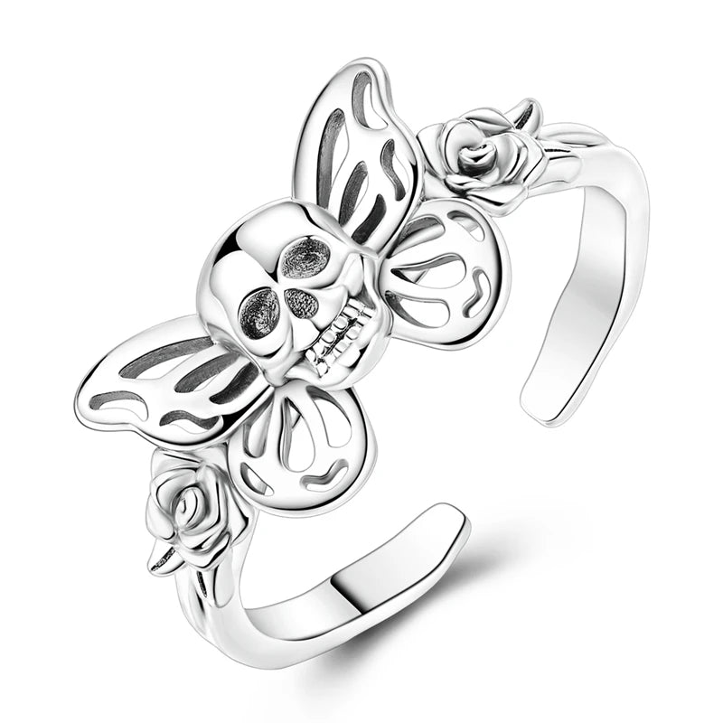 Original 925 Sterling Silver Skull Rose Open Rings For Women Girls Jewelry Birthday Anniversary Gifts