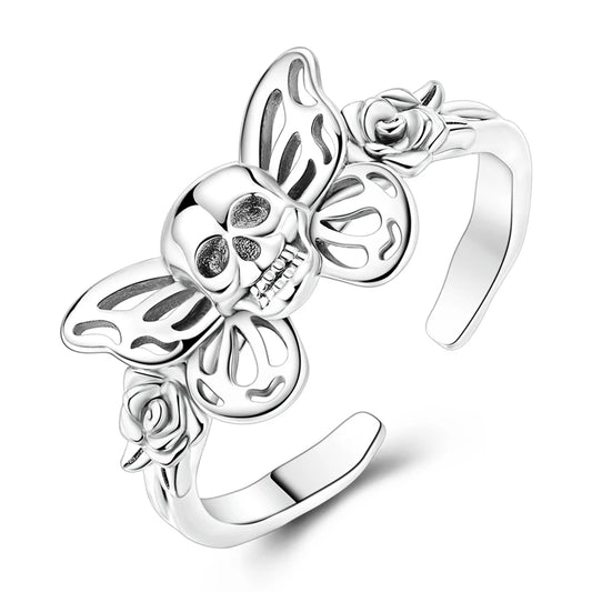 Death Moth — 925 Sterling Silver Skull & Rose Open Ring - Pedlar's Attic