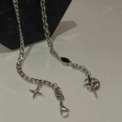 JWER Y2K Cuban Figaro Chain Necklace with Star & Moon Pendant - Punk Black Zircon Choker for Men - Pedlar's Attic