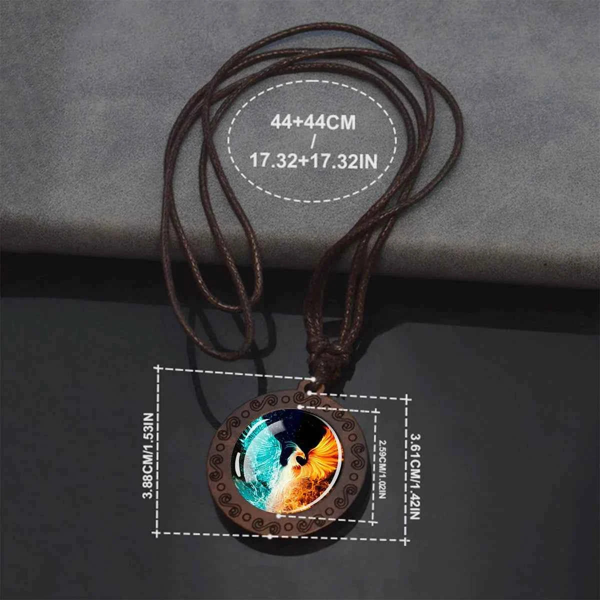 Vintage Flaming Phoenix Wooden Pendant Necklace