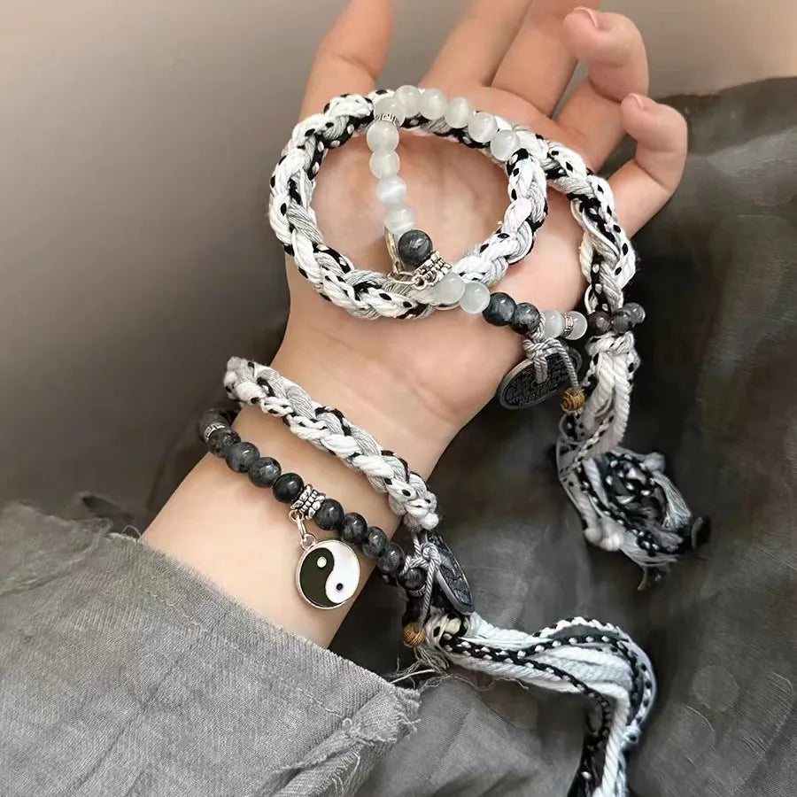Handmade Braided Bracelets for Women Men Chinese Style Charm Double Layer Stackable Bead String Bracelets Adjustable Jewellery