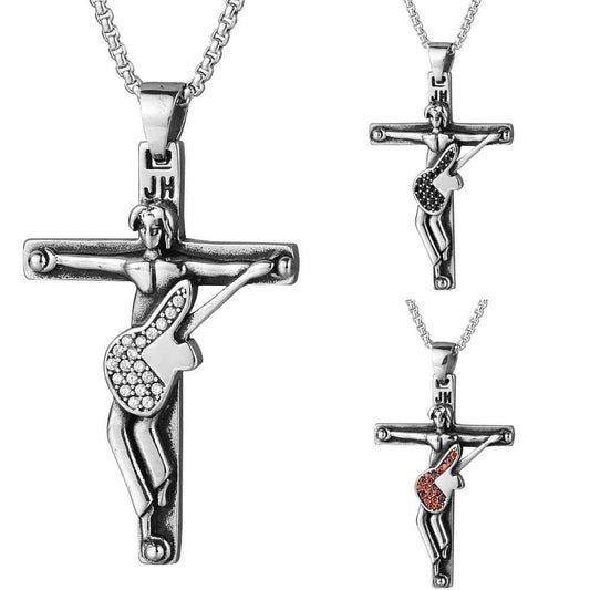 Johnny Hallyday Guitar Cross Pendant Necklace - Stainless Steel Floating Locket for Men, Inspirational Christian Jewelry Gift - Pedlar's Attic
