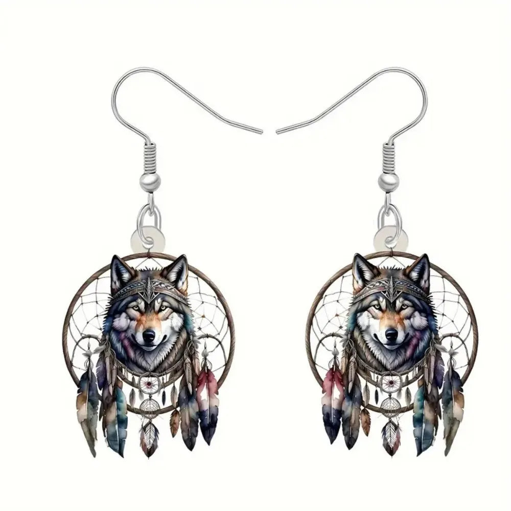 Hot selling dream catcher wolf head acrylic 2D Flat earrings creative design Trendy Animal Jewelry Fashion Printing Accessories