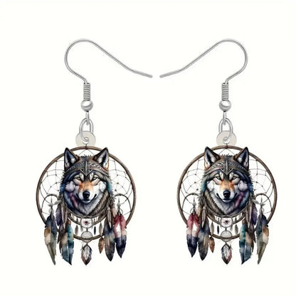 Hot selling dream catcher wolf head acrylic 2D Flat earrings creative design Trendy Animal Jewelry Fashion Printing Accessories