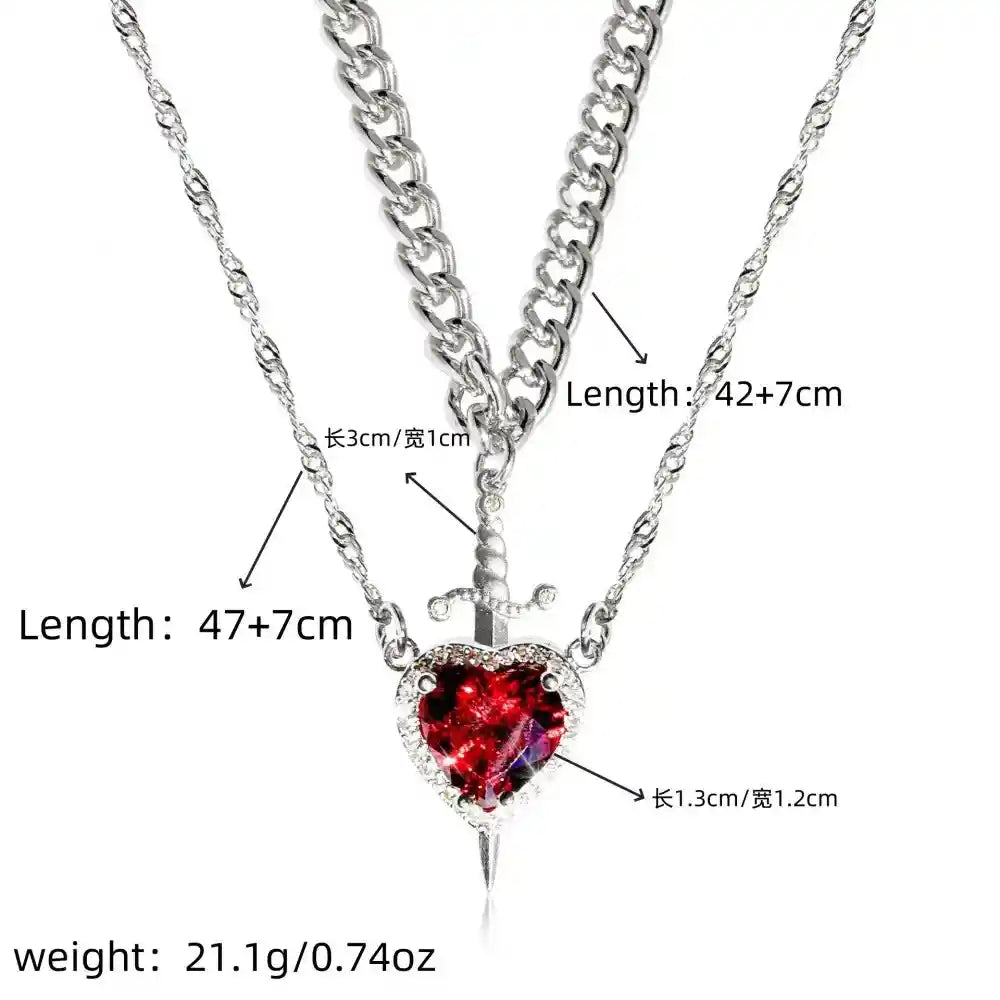 Red Crystal Heart Dagger Pendant Layered Necklace - Pedlar's Attic