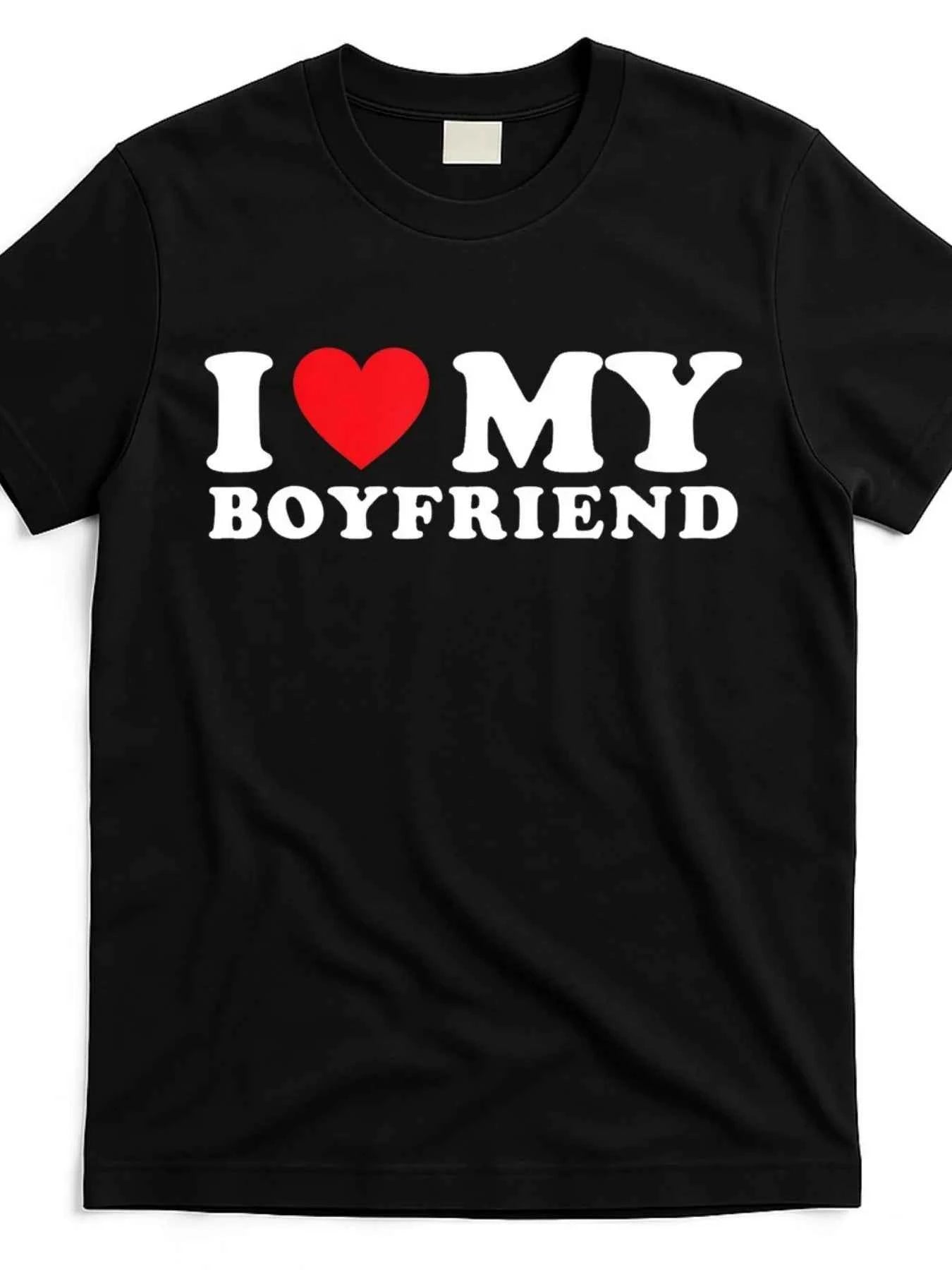 Men's and Women's Breathable, Soft, Slightly Stretchy Casual Short-Sleeve Top with Letter Pattern, Essential for Everyday Summer Wear, Suitable for All Seasons, I Love My Boyfriend T-Shirt Ilm9065459_Black Product Image