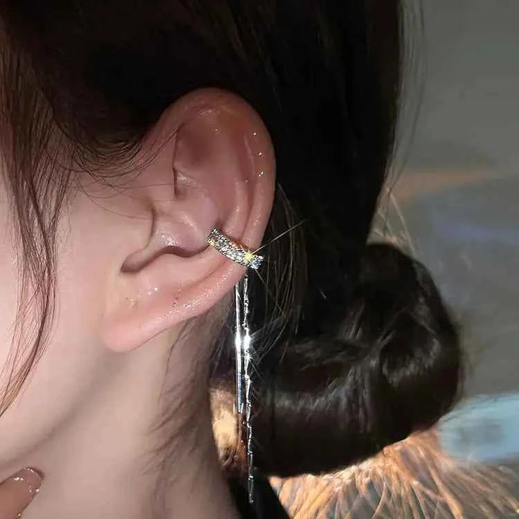 Shiny Silver Crystal Tassel Cuff Earring - Non-Piercing Rhinestone Star Clip-On Jewelry for Women - Pedlar's Attic