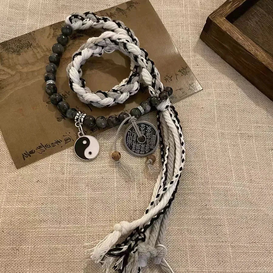 Handmade Braided Bracelets for Women Men Chinese Style Charm Double Layer Stackable Bead String Bracelets Adjustable Jewellery