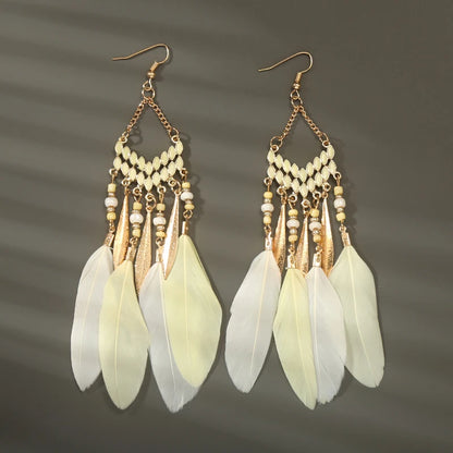 Boho Long Feather Dangle Women's Earrings Beach Long Tassel Beads Handmade Flower Enamel Earrings Bride Wedding Pendientes Mujer