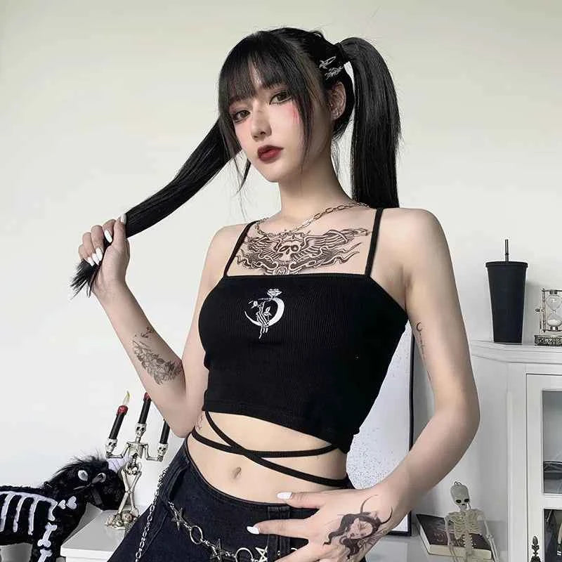 Gothic Women's Print Suspender Sleeveless Square Neck Slim Crop Top