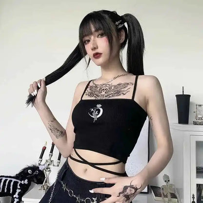Gothic Women's Print Suspender Sleeveless Square Neck Slim Crop Top - Pedlar's Attic