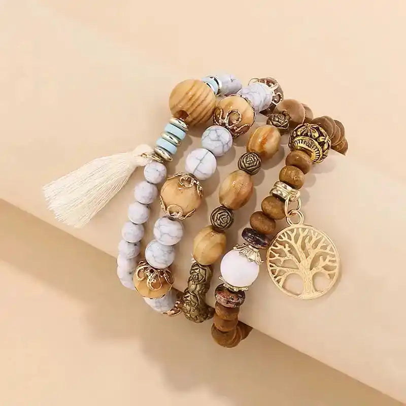 Boho Tree of Life Wooden Beaded Bracelet Set — 4 Piece