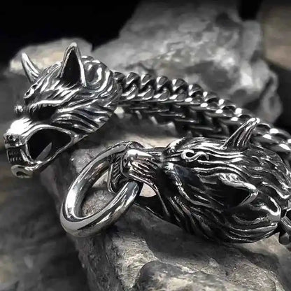 Stainless Steel Nordic Double Wolf Head Bracelet - Pedlar's Attic