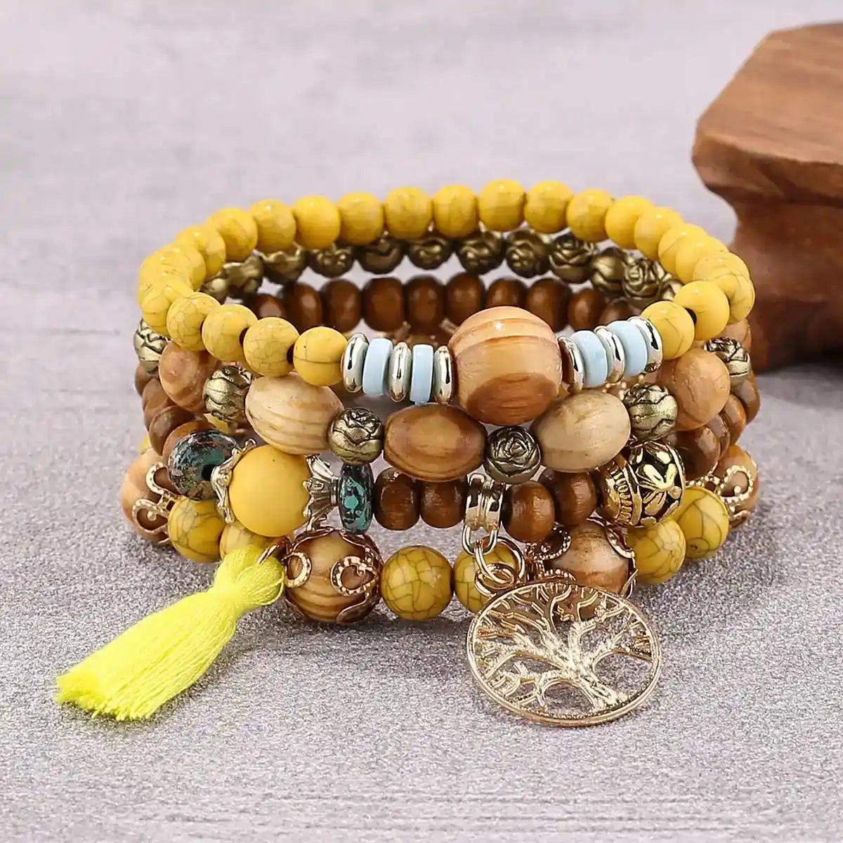 Boho Tree of Life Wooden Beaded Bracelet Set — 4 Piece