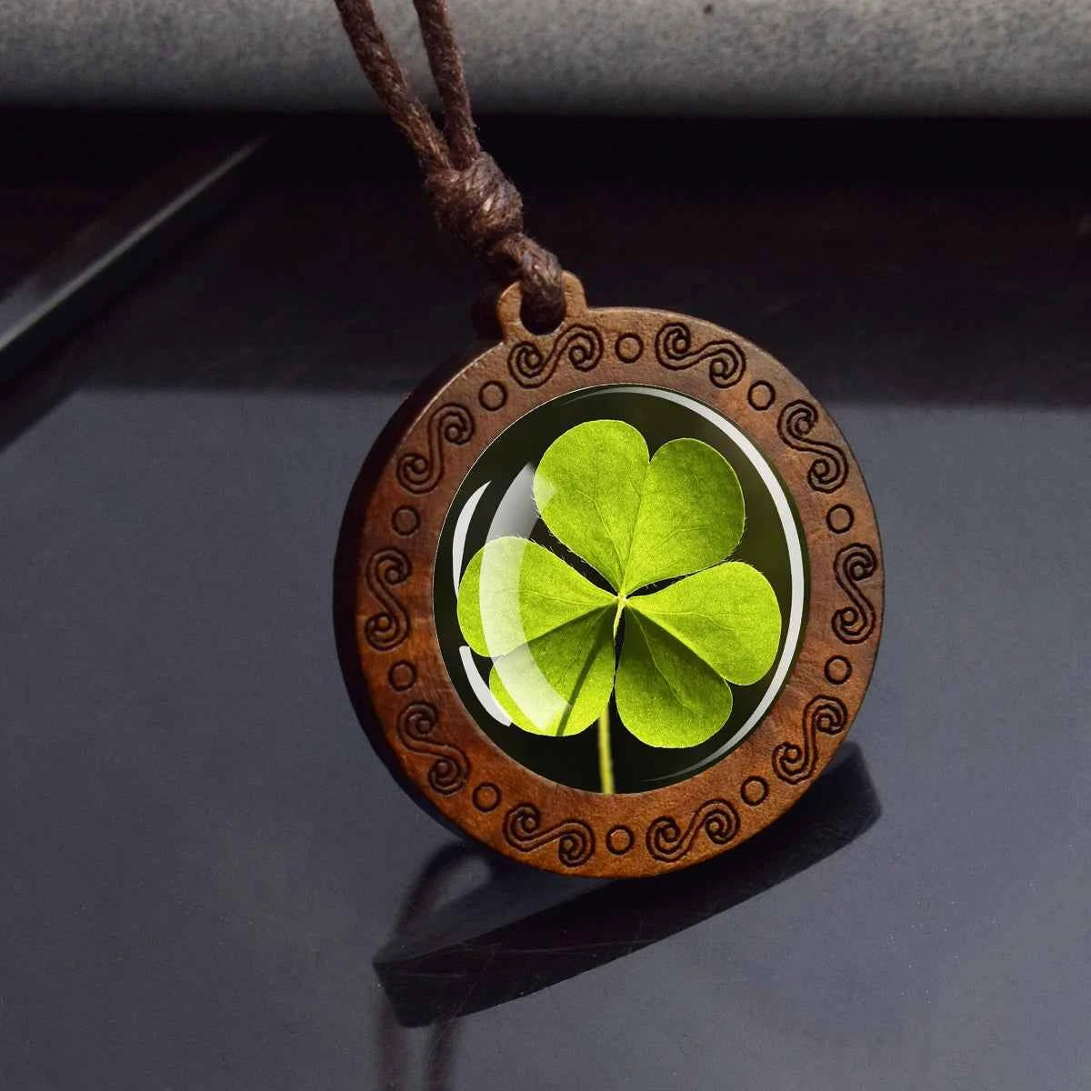 Four Leaf Clover Glass Dome Wooden Pendant Necklace