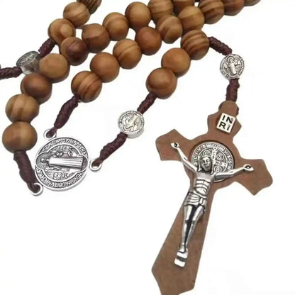 1 Piece/Set Of Wooden Rose Bead Necklace Wooden Saint Benedict Medal and Catholic Cross Religious Prayer Chapel Handmade - Pedlar's Attic